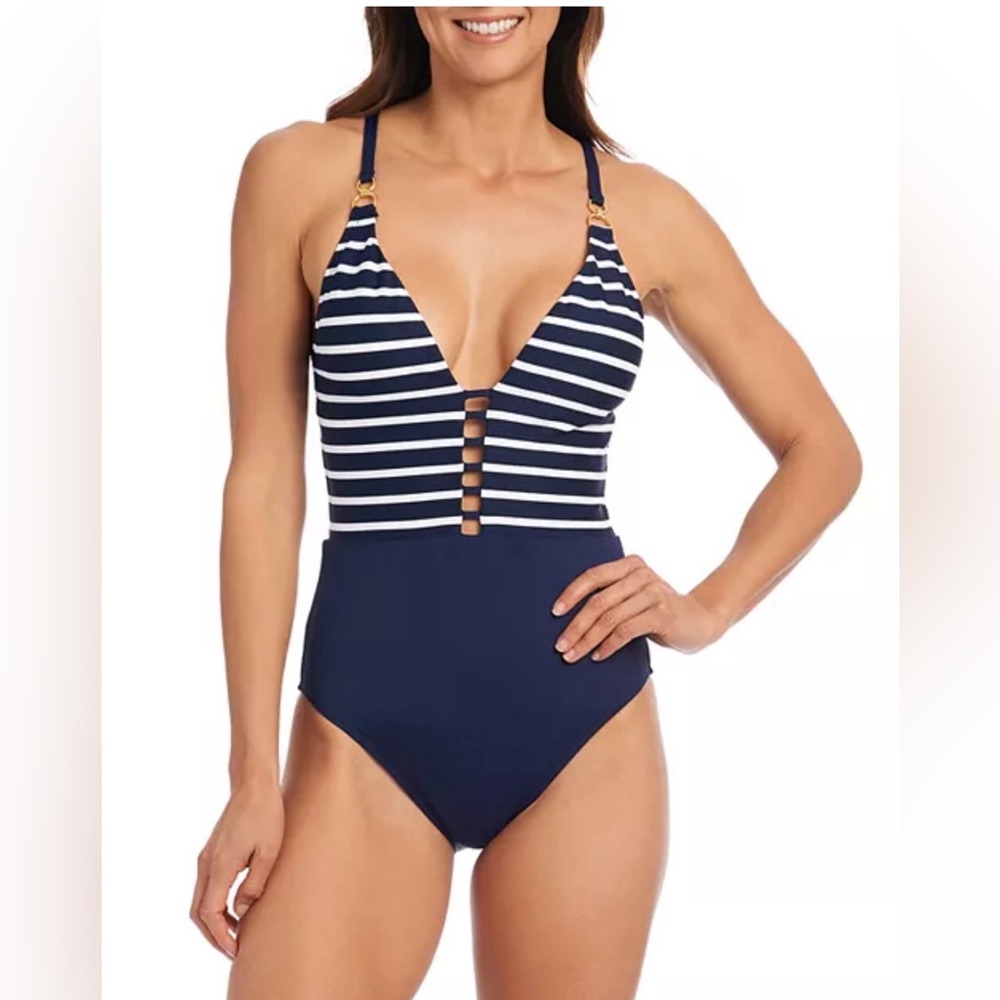 La Blanca Capri Plunge One Piece Swimsuit Size M Adjsutable Straps